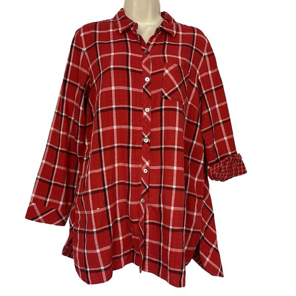 J. Jill Tops - J Jill Tunic Button Up Top Womens Medium Petite Red Plaid Pockets Shacket Grunge